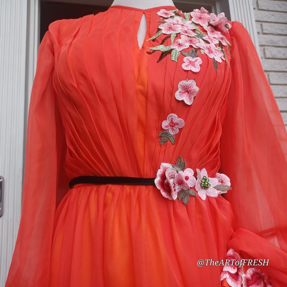 Orange Embellished Pleated Long Sleeve Gown - Picture 5 of 16